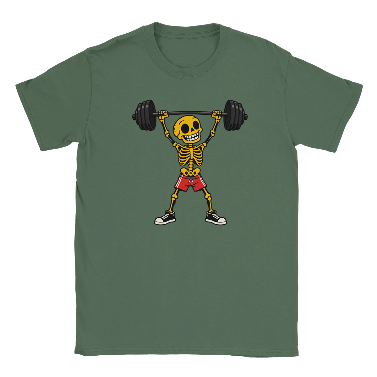 Military Green T-shirt featuring a skeleton lifting a barbell in red shorts.