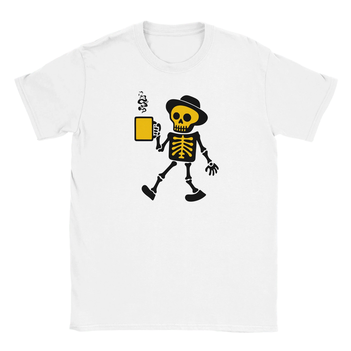 Valkoinen crew-neck T-paita Cartoon Skeleton kahvimukilla Aamu Alkaa Kahvilla