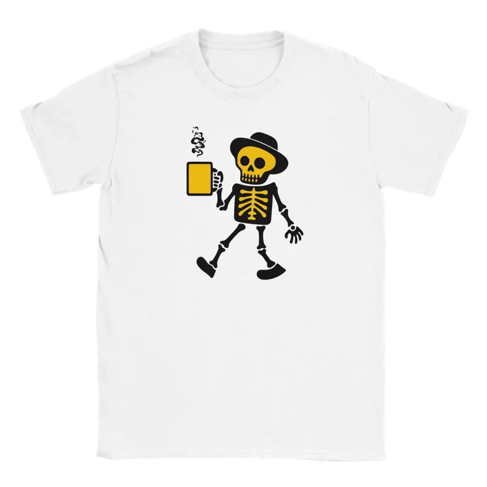 Valkoinen crew-neck T-paita Cartoon Skeleton kahvimukilla Aamu Alkaa Kahvilla