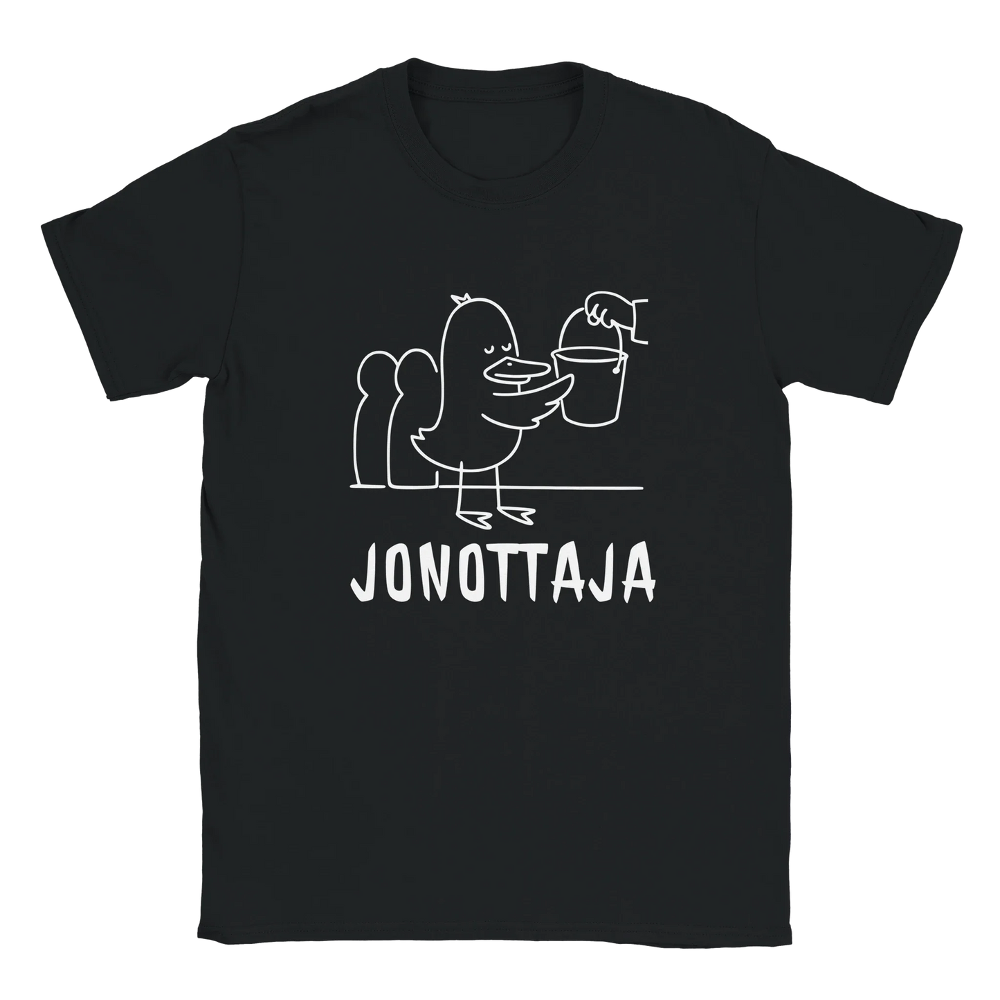 Musta lyhythihainen T-paita valkoinen line art ankkapäässä ja ämpärissä Ämpärijonon Sankari