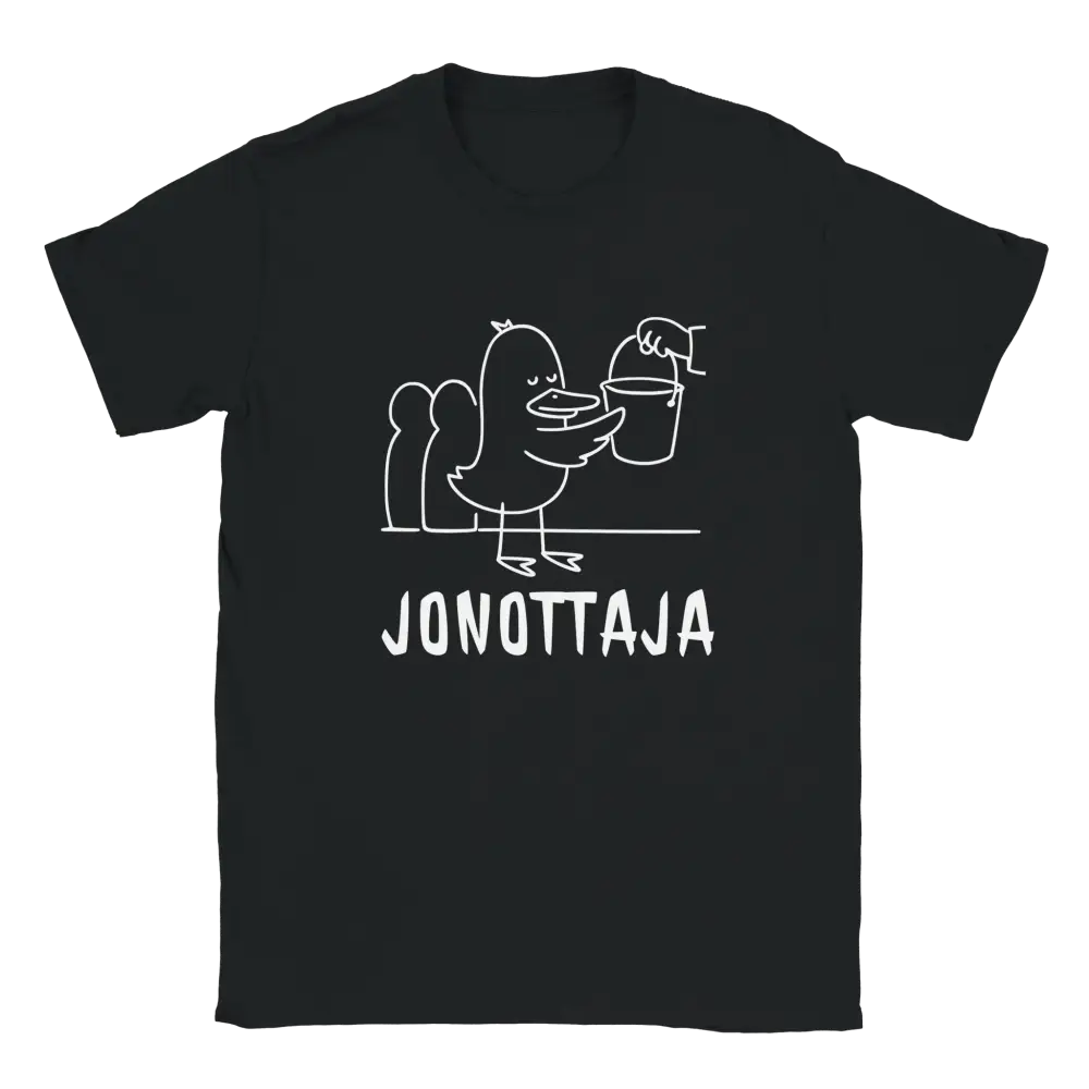 Musta lyhythihainen T-paita valkoinen line art ankkapäässä ja ämpärissä Ämpärijonon Sankari