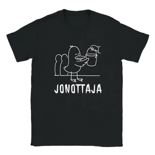 Musta lyhythihainen T-paita valkoinen line art ankkapäässä ja ämpärissä Ämpärijonon Sankari