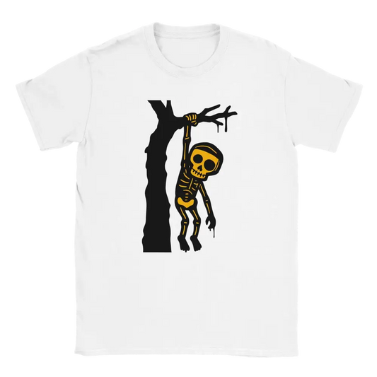 Apina T-paita valkoinen t-paita skeletoni roikkuu puun oksalta design