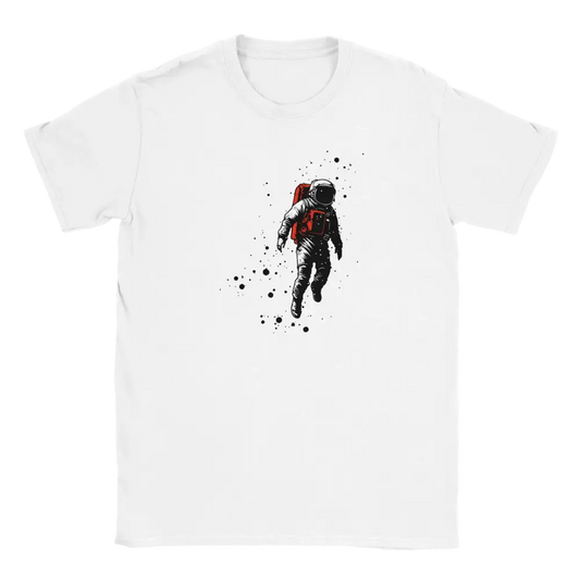 Valkoinen t-paita Astronautti-astronauttigravuurilla ja mustilla mustesplätteillä