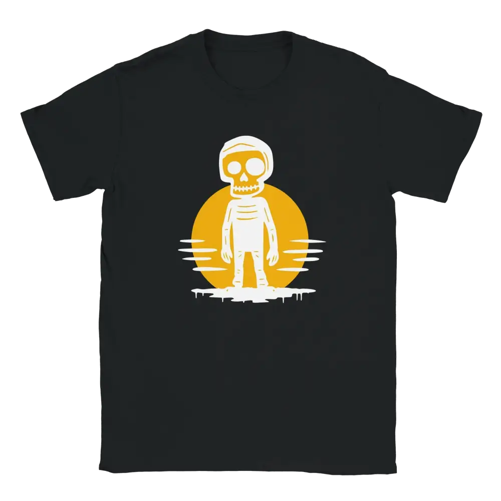 Musta crewneck T-paita valkoinen luuranko ja oranssi ympyrä Auringonlaskussa