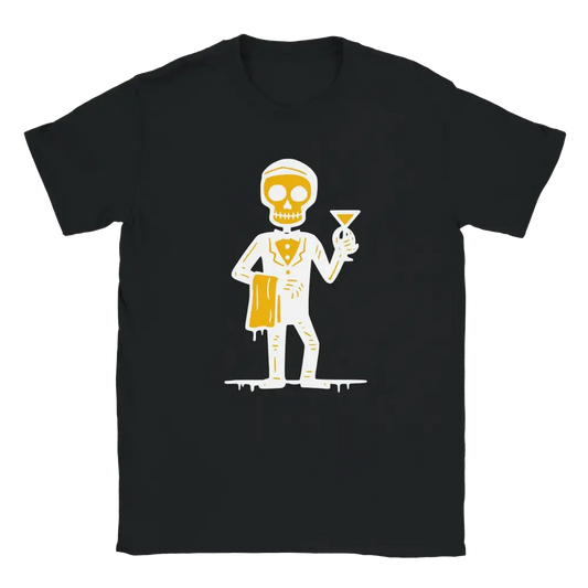 Musta T-paita Baarimikko Skeleton Waiter -designilla valkoinen ja kultainen väri