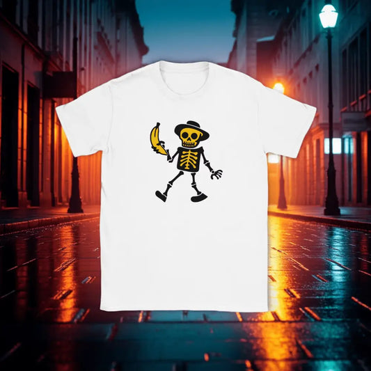 Valkoinen T-paita Skeletonin ja Banaanin grafiikalla Banaani-T-paita