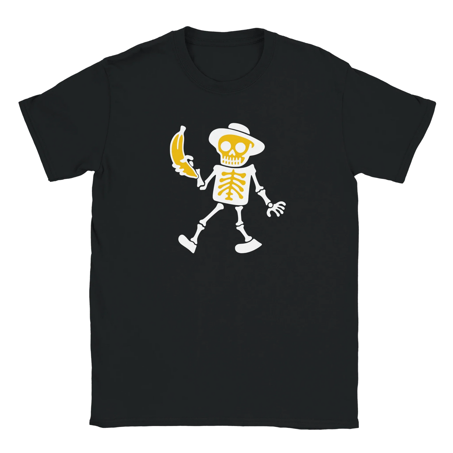Musta T-paita Skeletonin ja banaanin grafiikalla Banaani T-paita tuotteessa