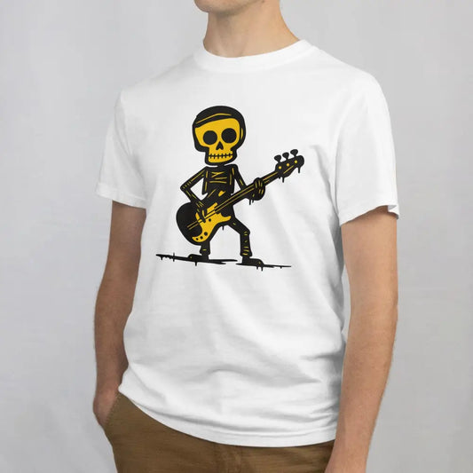 White T-paita Basisti - T-paita, jossa keltainen ja musta sarjakuvamainen luuranko soittaa bassoa