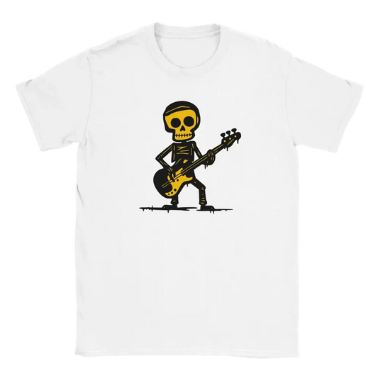 Valkoinen crewneck T-paita Basisti - T-paita, jossa keltainen ja musta luuranko soittaa bassoa