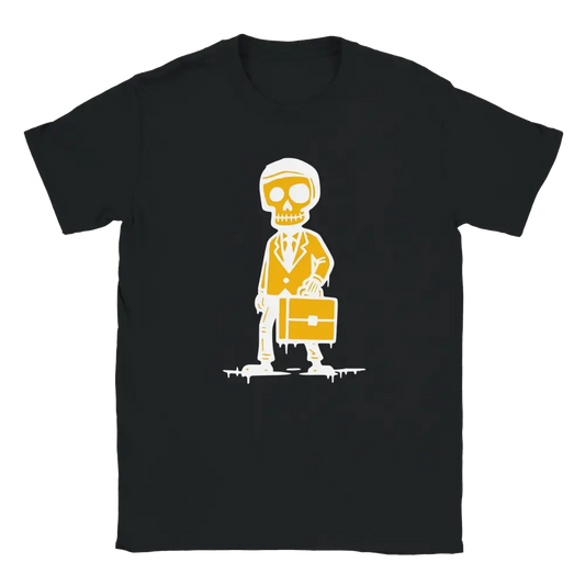 Mustavalkoinen BisnesMies T-paita, jossa luuranko pukussa ja lompakolla