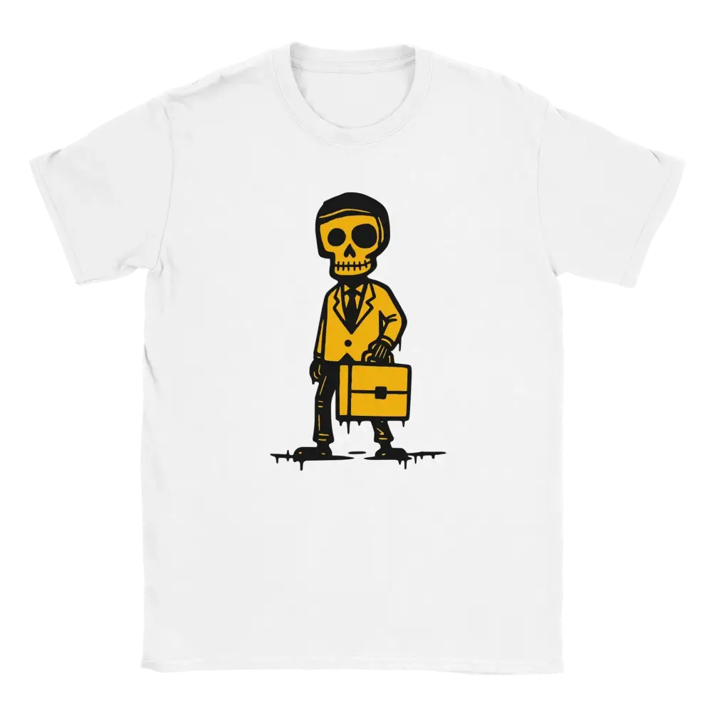 Valkoinen lyhythihainen crewneck T-paita BisnesMies Skeleton ja keltainen puku ja laukkukuva