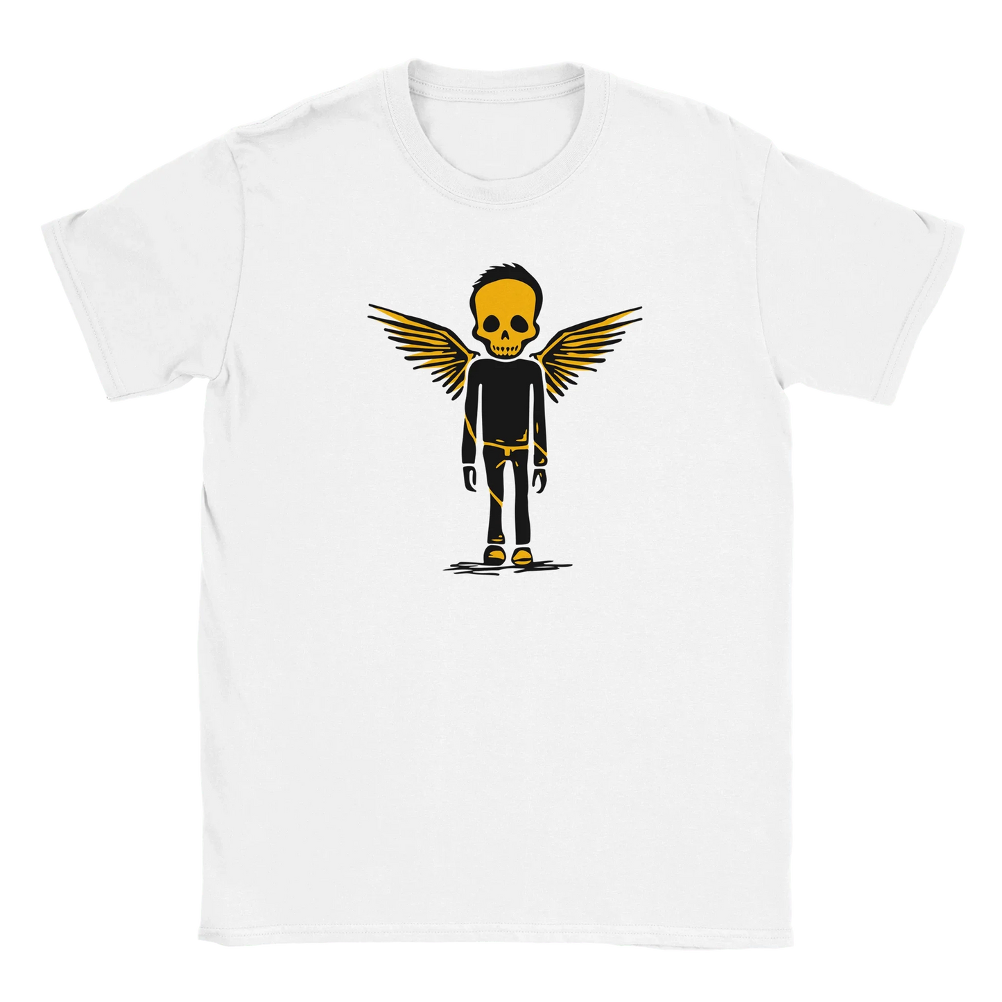 Valkoinen lyhythihainen T-paita Bone Angel, jossa luuranko ja siivet, unisex-malli