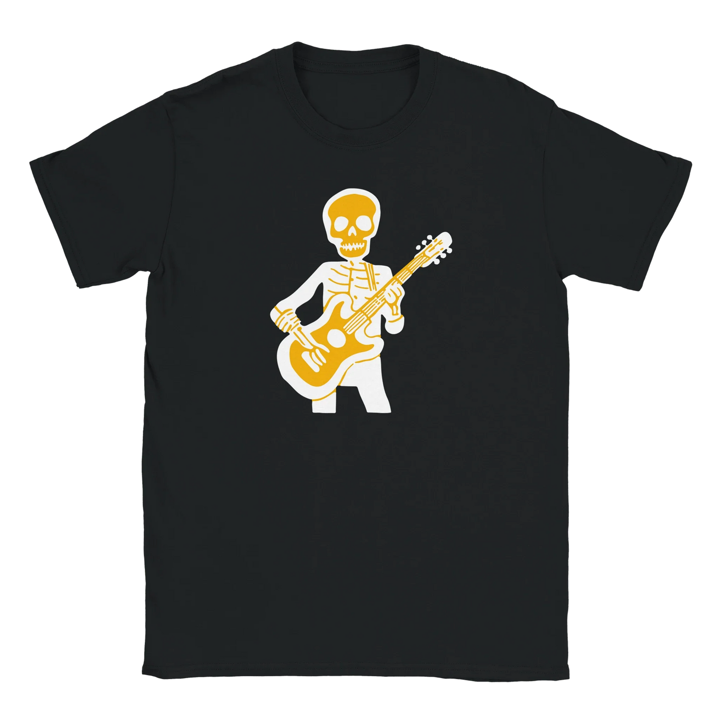 Mustavalkoinen lyhythihainen T-paita Skeleton Playing Guitar -grafiikalla