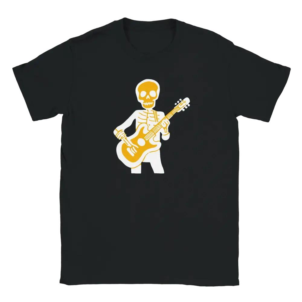 Mustavalkoinen lyhythihainen T-paita Skeleton Playing Guitar -grafiikalla
