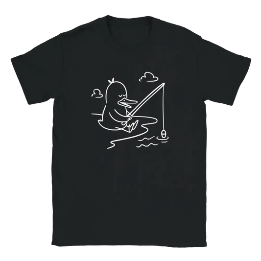 Musta T-paita valkoinen viivapiirros ankasta kalastamassa Chill & Fish Duck