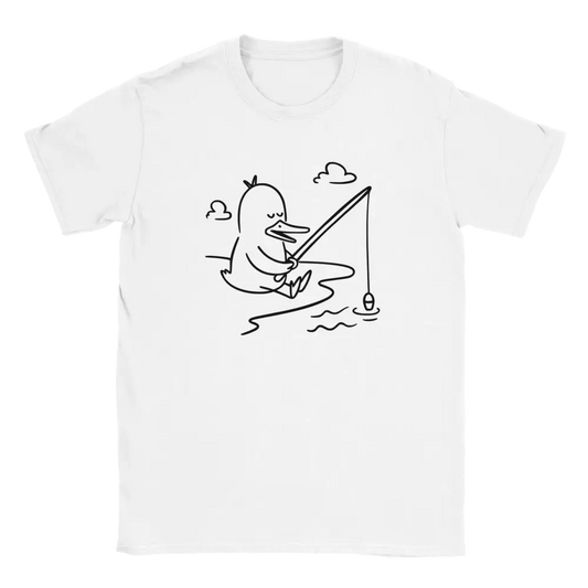 Valkoinen T-paita mustalla ankka kalastaa piirroksella Chill & Fish Duck - T-paita