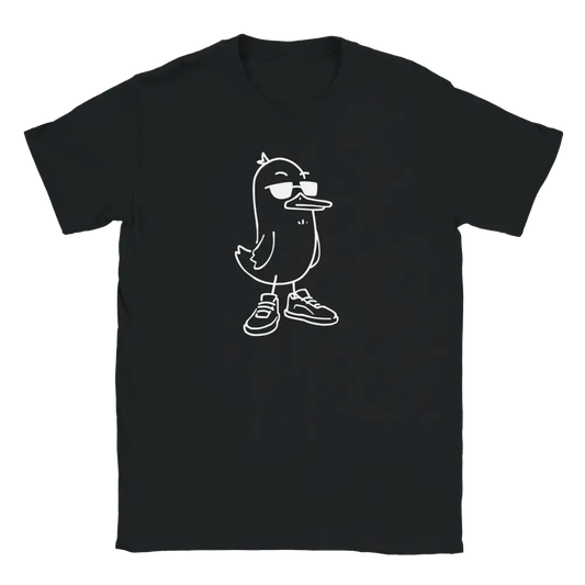 Musta T-paita, jossa valkoinen ankkasiluetti aurinkolasit ja tennarit, nimeltä Cool Duck