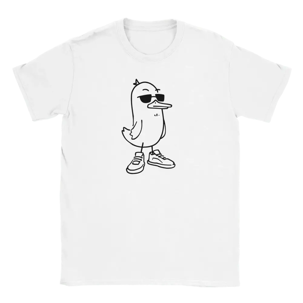 Valkoinen lyhythihainen crewneck T-paita Cool Duck - T-paita, jossa pilakuva ankasta aurinkolaseissa ja lenkkareissa