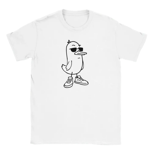 Valkoinen lyhythihainen crewneck T-paita Cool Duck - T-paita, jossa pilakuva ankasta aurinkolaseissa ja lenkkareissa