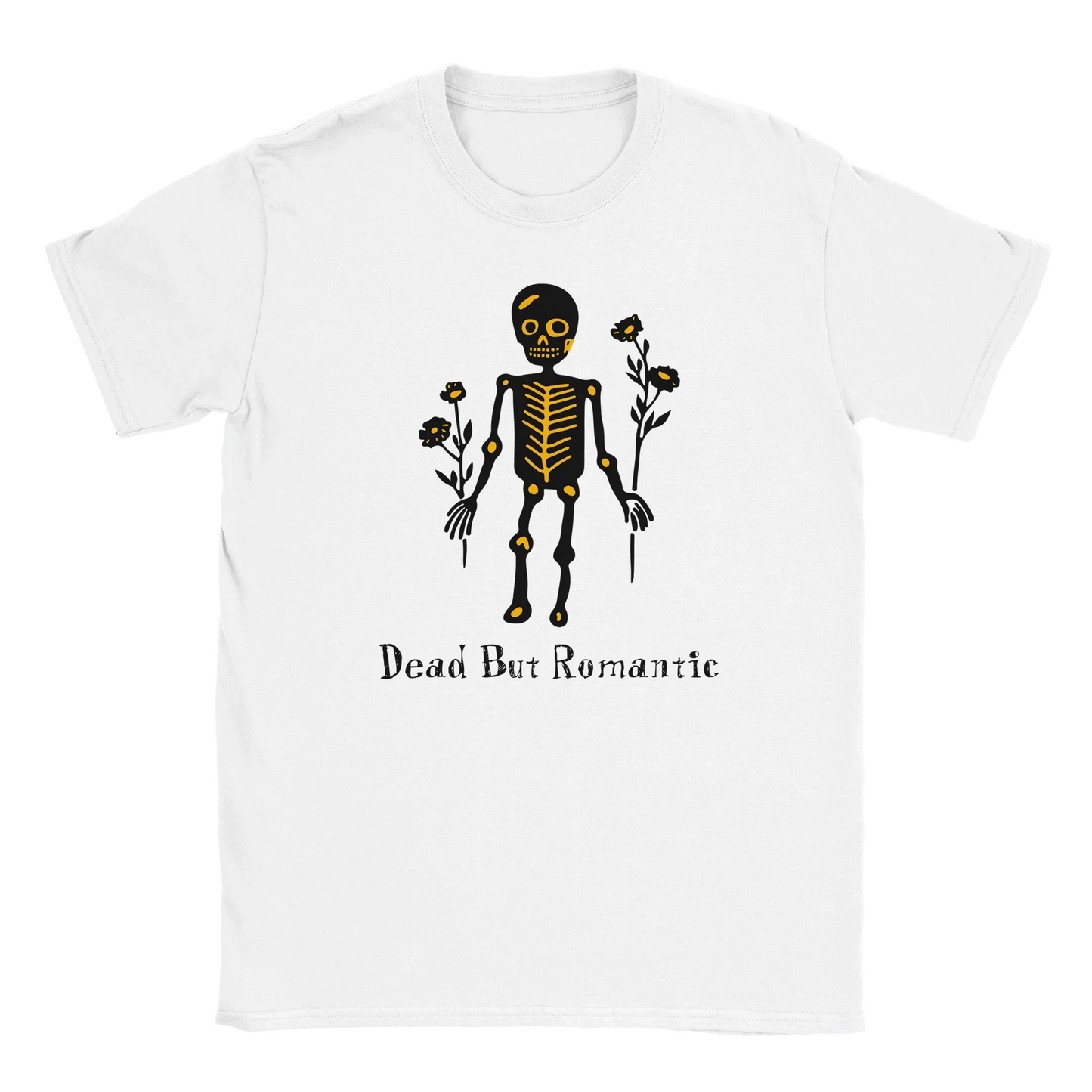 Valkoinen t-paita Skeletonilla ja kukilla graafisena Dead But Romantic - T-paita