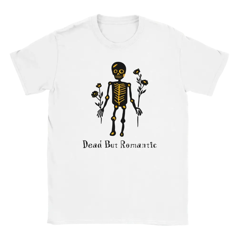 Valkoinen t-paita Skeletonilla ja kukilla graafisena Dead But Romantic - T-paita