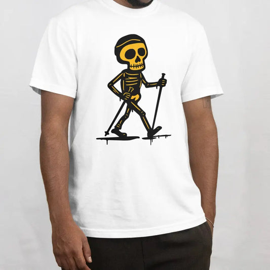 Valkoinen lyhythihainen T-paita Skeletonilla ja hiihtopuille - DementiaHiihto