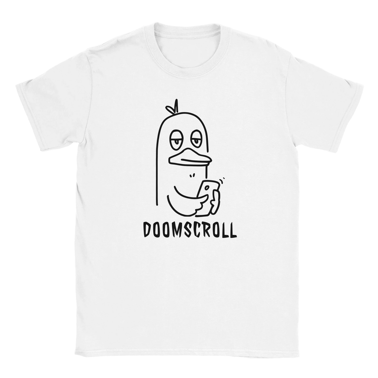 Digilintu T-paita, valkoinen lyhythihainen, musta ankka puhelin ja DOOMSCROLL teksti