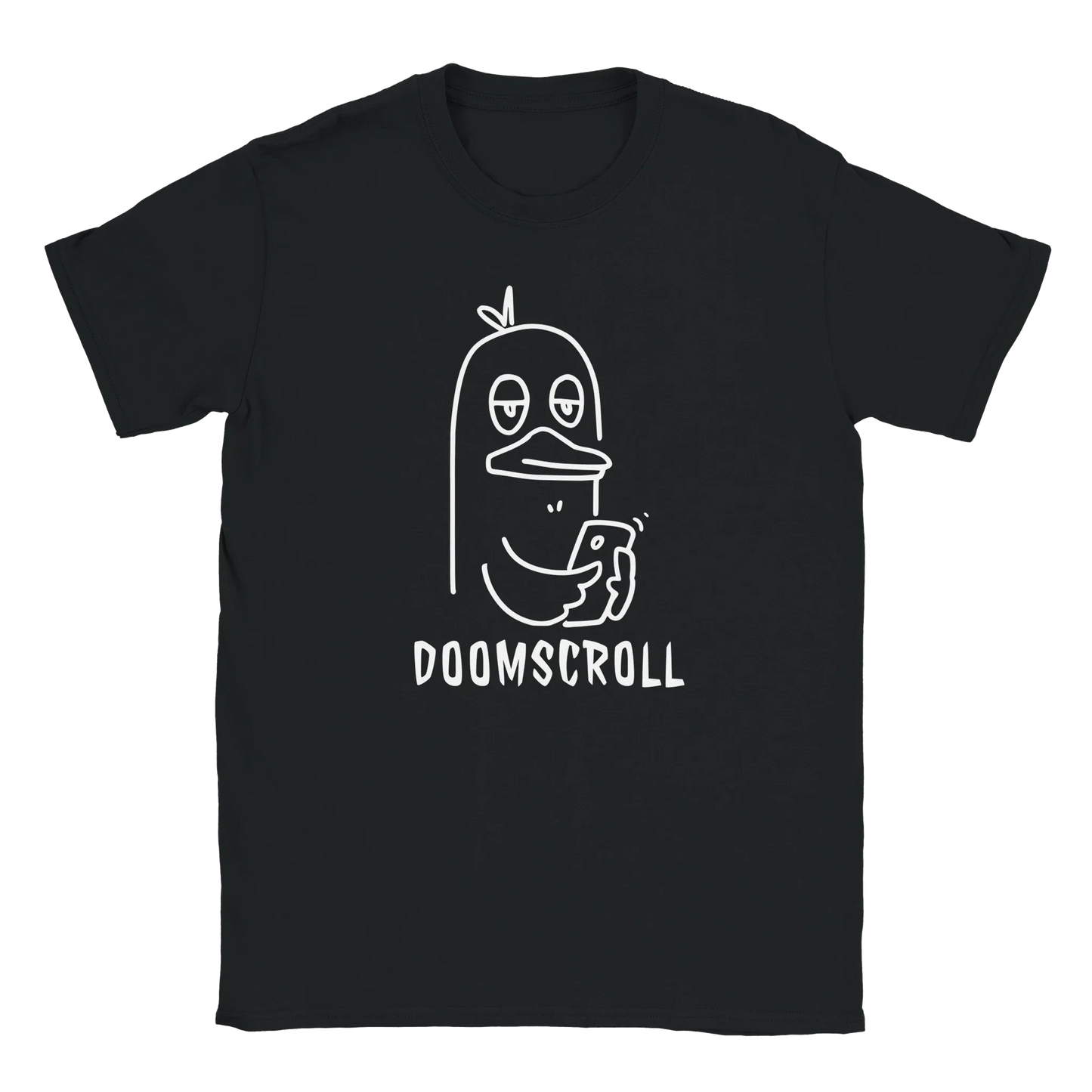 Musta lyhythihainen T-paita Digilintu, valkoinen viivapiirros ankasta ja DOOMSCROLL tekstistä