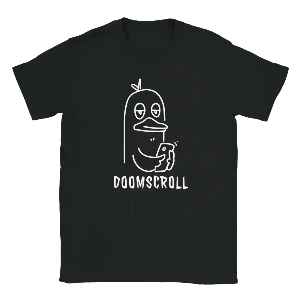 Musta lyhythihainen T-paita Digilintu, valkoinen viivapiirros ankasta ja DOOMSCROLL tekstistä