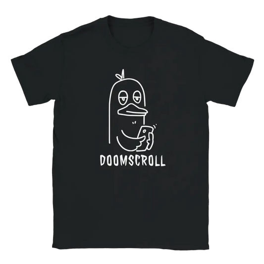 Musta lyhythihainen T-paita Digilintu, valkoinen viivapiirros ankasta ja DOOMSCROLL tekstistä