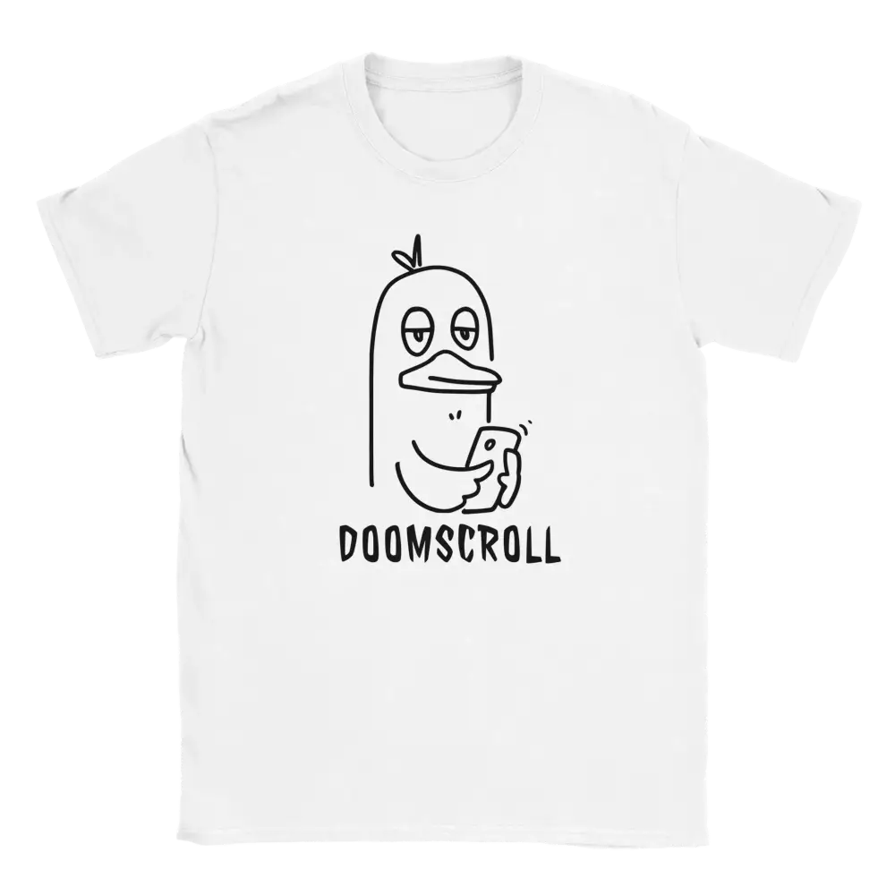 Digilintu T-paita, valkoinen lyhythihainen, musta ankka puhelin ja DOOMSCROLL teksti