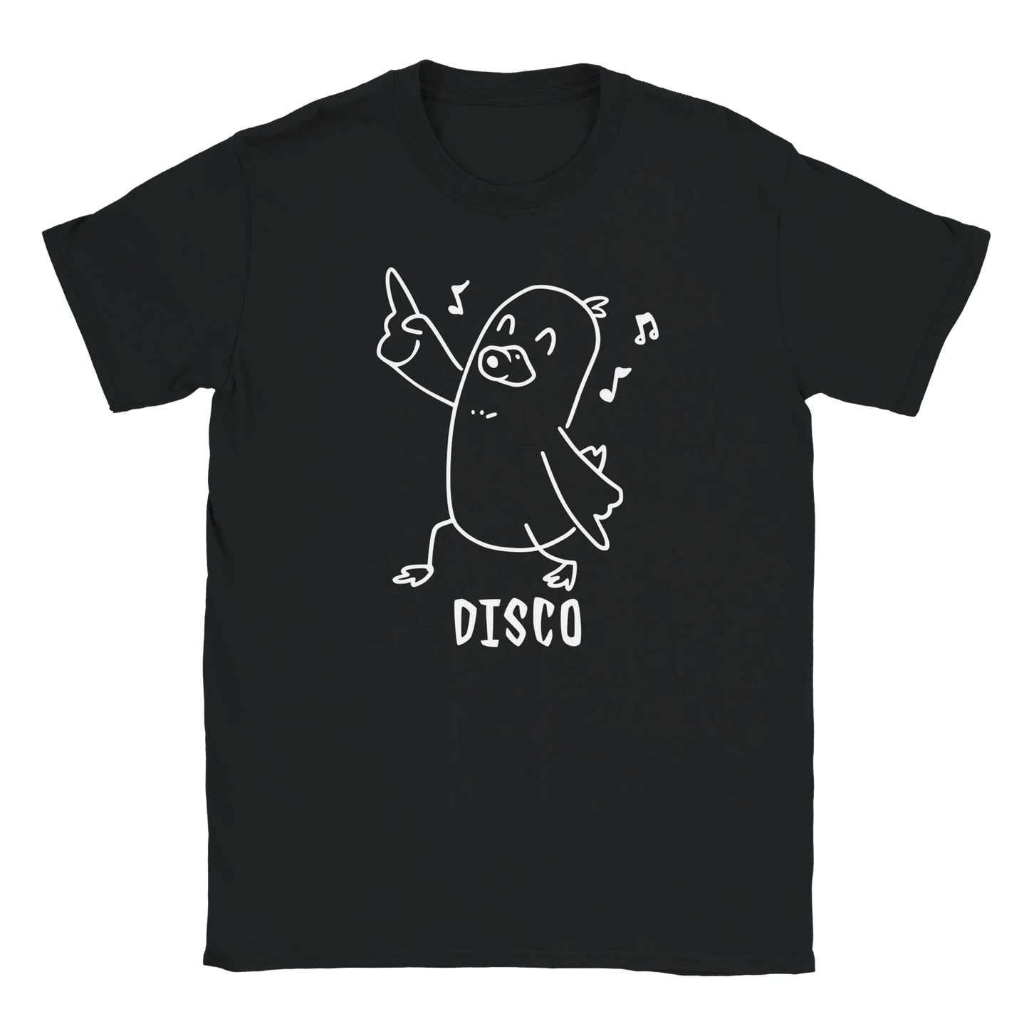 Musta T-paita Disco Duck - T-paita, jossa valkoinen tanssiva sarjakuvahahmo ja musiikkilaput