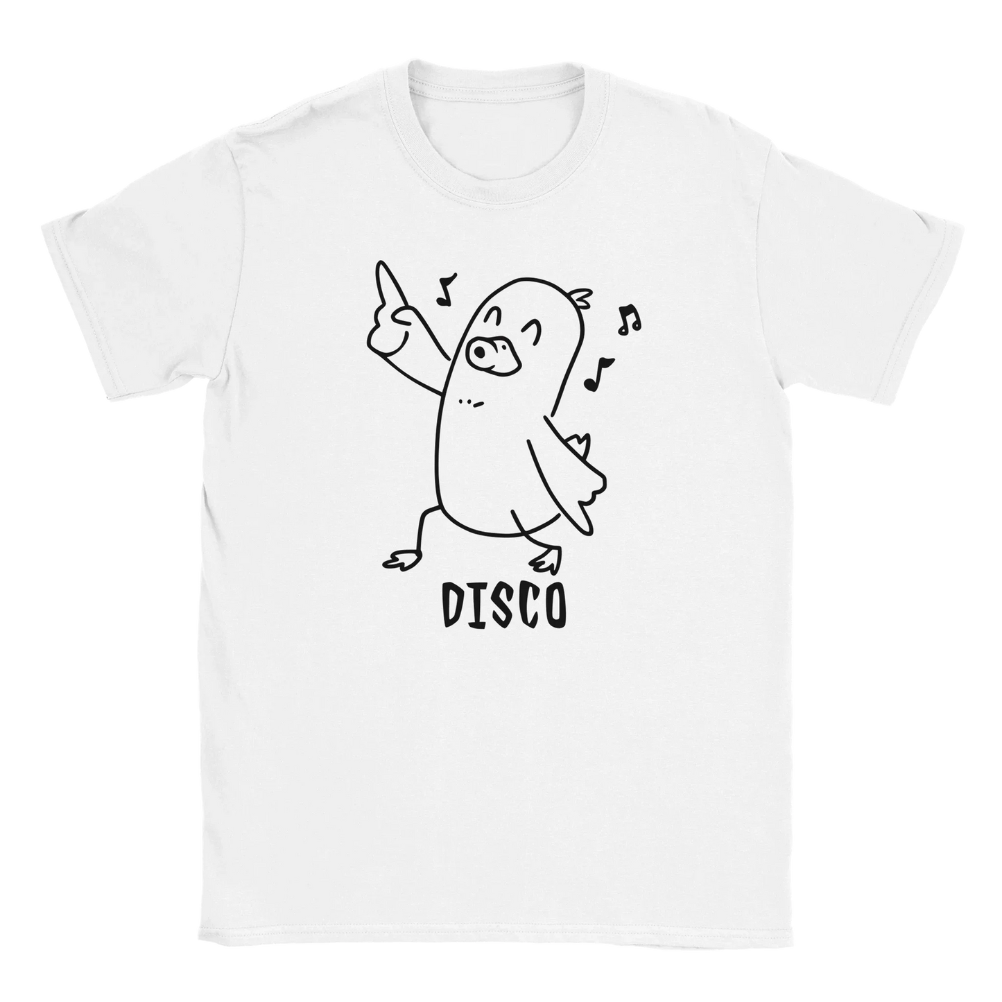 Disco Duck T-paita valkoinen lyhythihainen t-paita karikatyyri ankasta tanssimassa ja musiikkimerkkejä