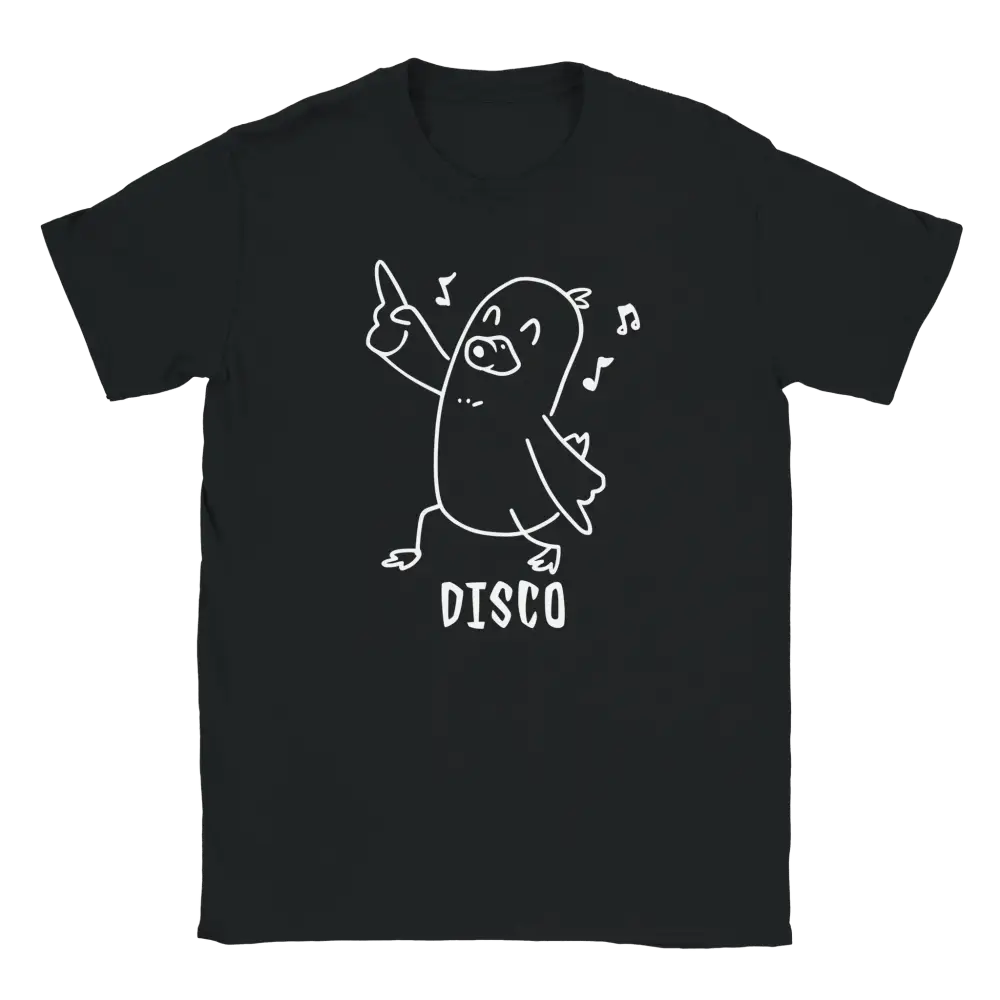 Musta T-paita Disco Duck - T-paita, jossa valkoinen tanssiva sarjakuvahahmo ja musiikkilaput