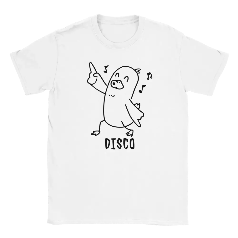 Disco Duck T-paita valkoinen lyhythihainen t-paita karikatyyri ankasta tanssimassa ja musiikkimerkkejä