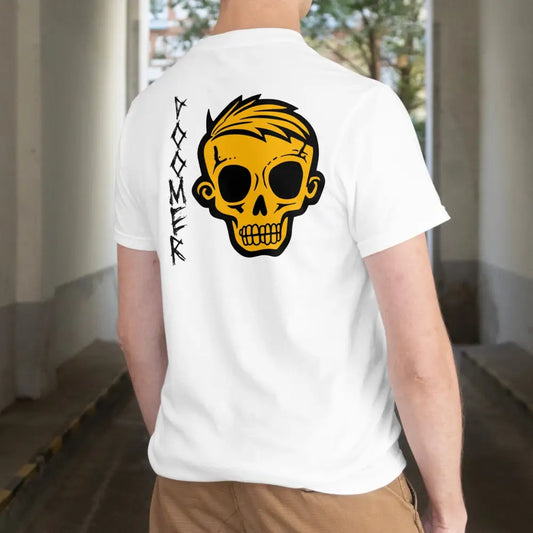 Valkoinen lyhythihainen T-paita keltainen luuranko ja musta teksti selässä