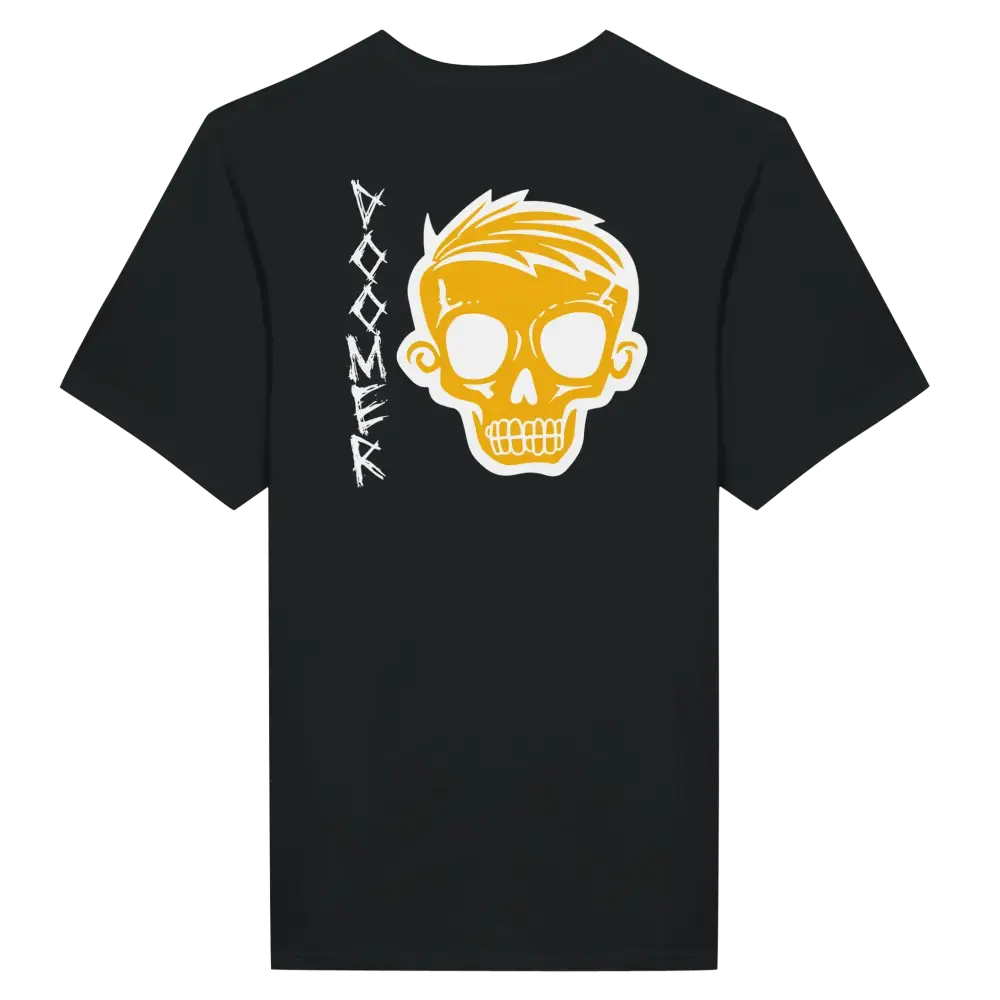 Musta T-paita keltainen pääkallo-Design Doomer T-paita selkäkuvalla