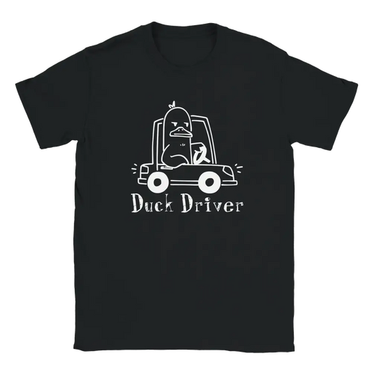 Musta lyhythihainen T-paita Duck Driver - T-paita, valkoinen ankka ajaa autoa grafiikalla