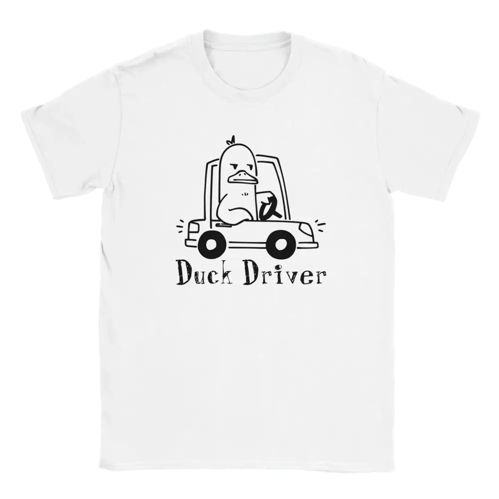 Valkoinen short-sleeve T-paita Duck Driver -kuvalla ja tekstillä Duck Driver