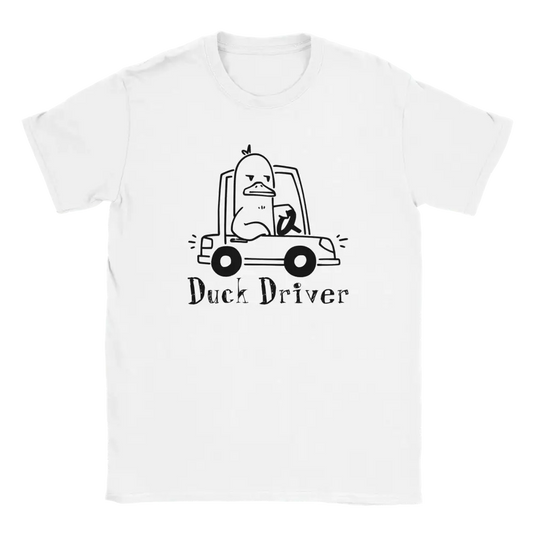 Valkoinen short-sleeve T-paita Duck Driver -kuvalla ja tekstillä Duck Driver