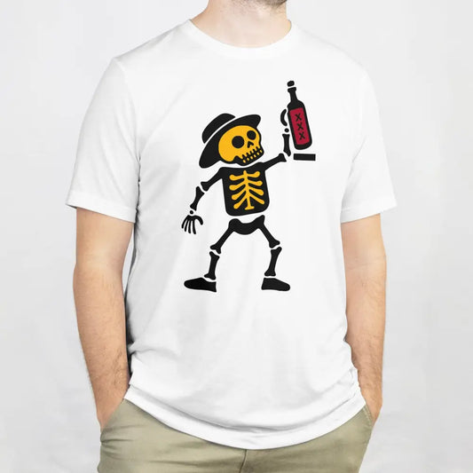 Valkoinen T-paita cartoon-skeletonilla hatissa ja pullolla Ei kyykkypulloja
