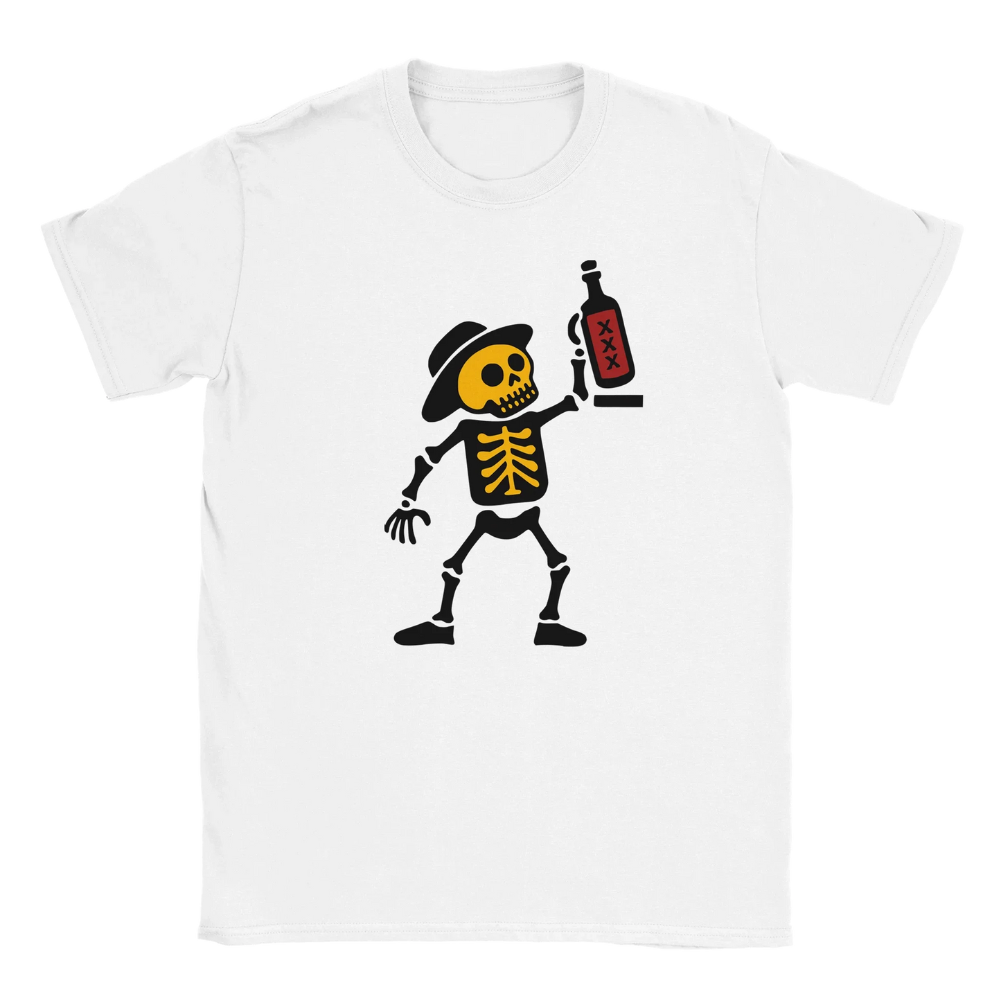 Valkoinen crew-neck t-paita cartoon-luurankolla ja pullolla Ei kyykkypulloja