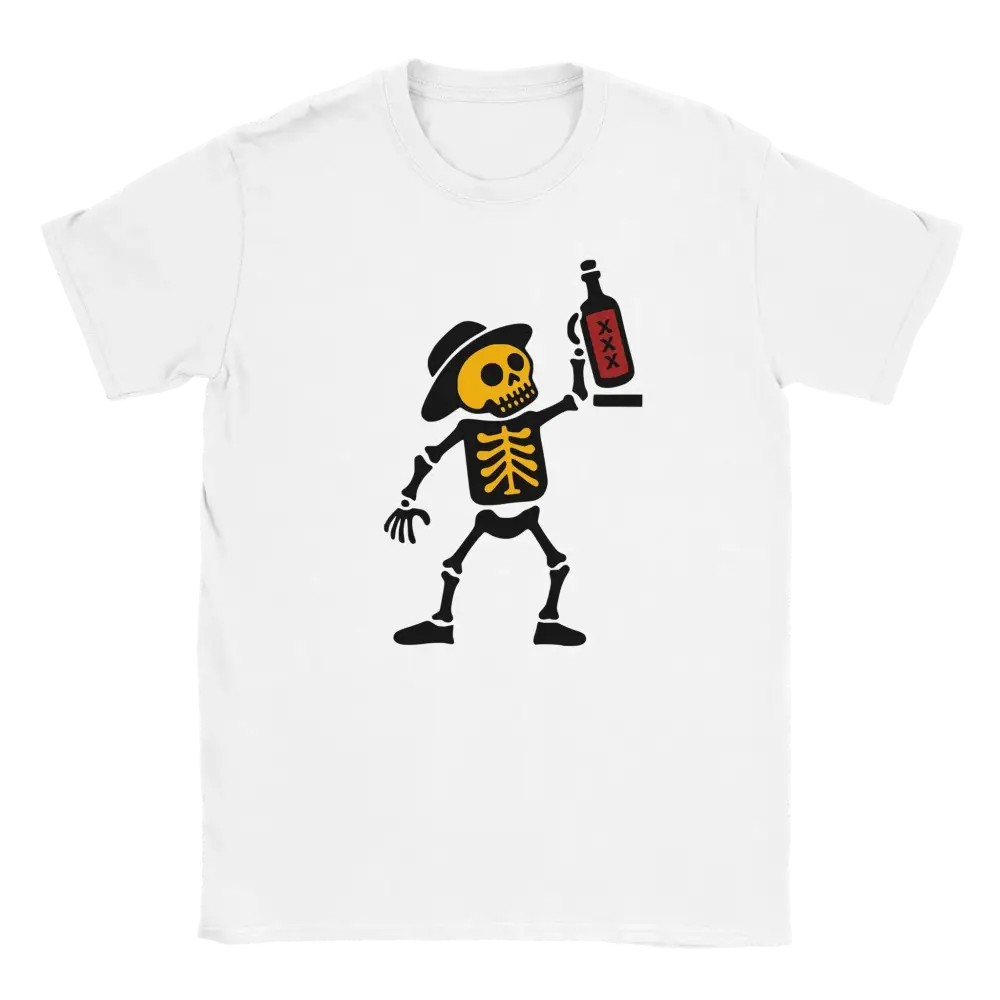 Valkoinen crew-neck t-paita cartoon-luurankolla ja pullolla Ei kyykkypulloja