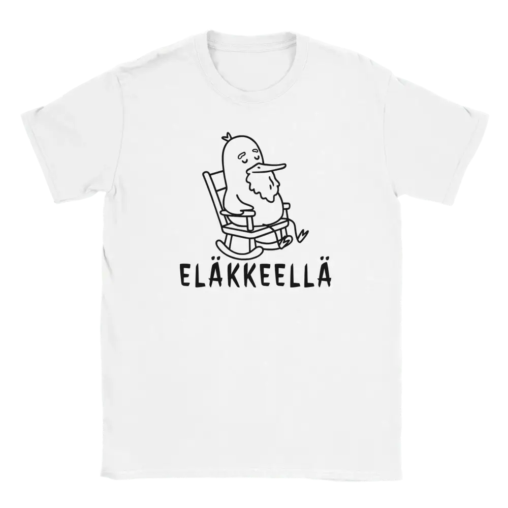 Valkoinen T-paita cartoon ankka nojatuolissa ja ELÄKKEELÄ printattuna