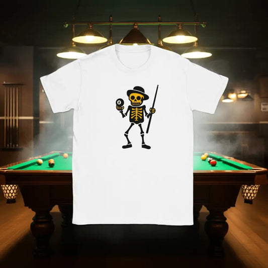Elämän Kasipallo T-paita valkoinen miesten T-paita skeletoni ja 8-pallo grafiikalla