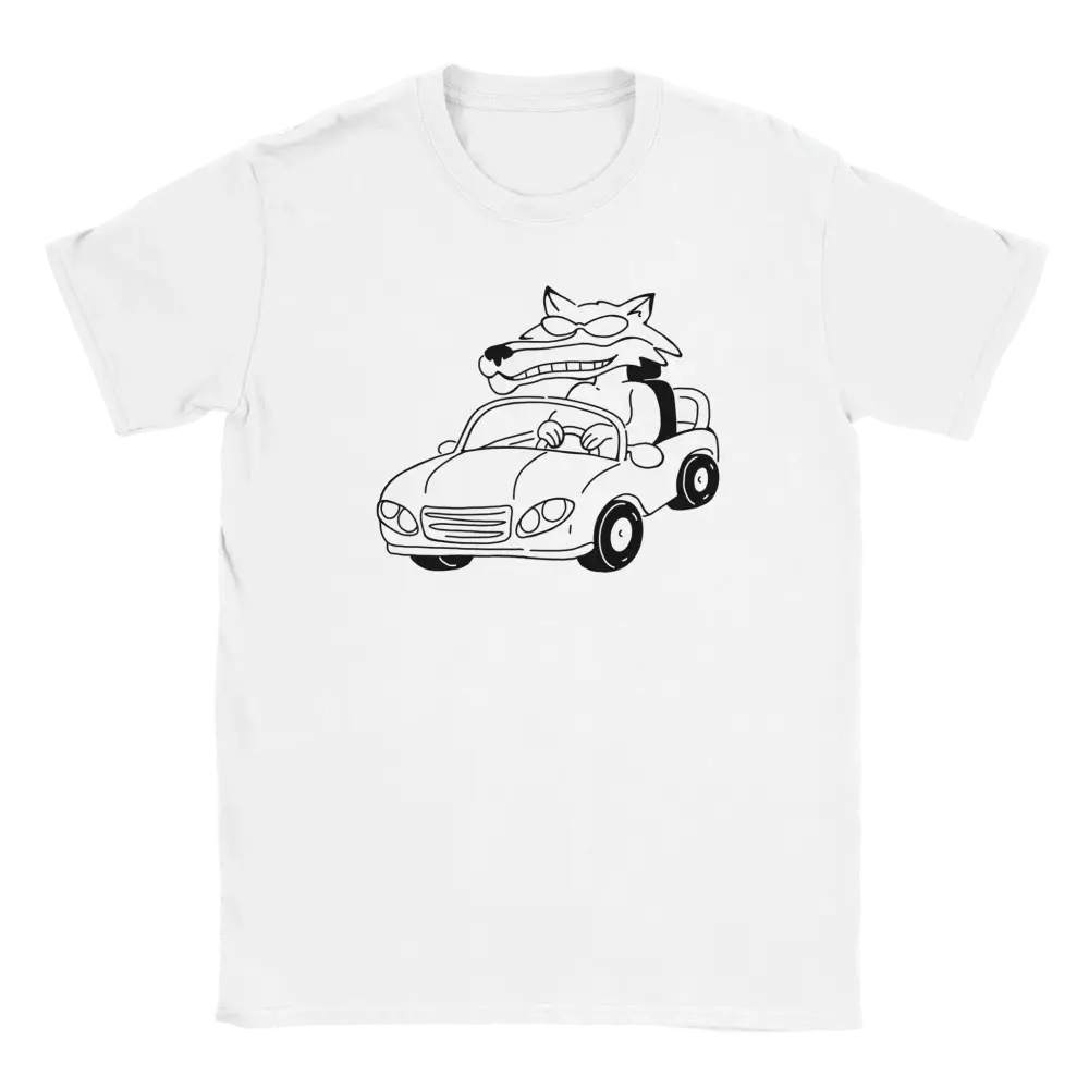 Valkoinen T-paita Fast & Fluffy - T-paita, jossa sarjakuvamainen susi ajamassa autoa