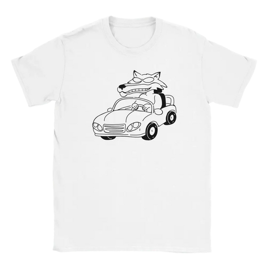 Valkoinen T-paita Fast & Fluffy - T-paita, jossa sarjakuvamainen susi ajamassa autoa