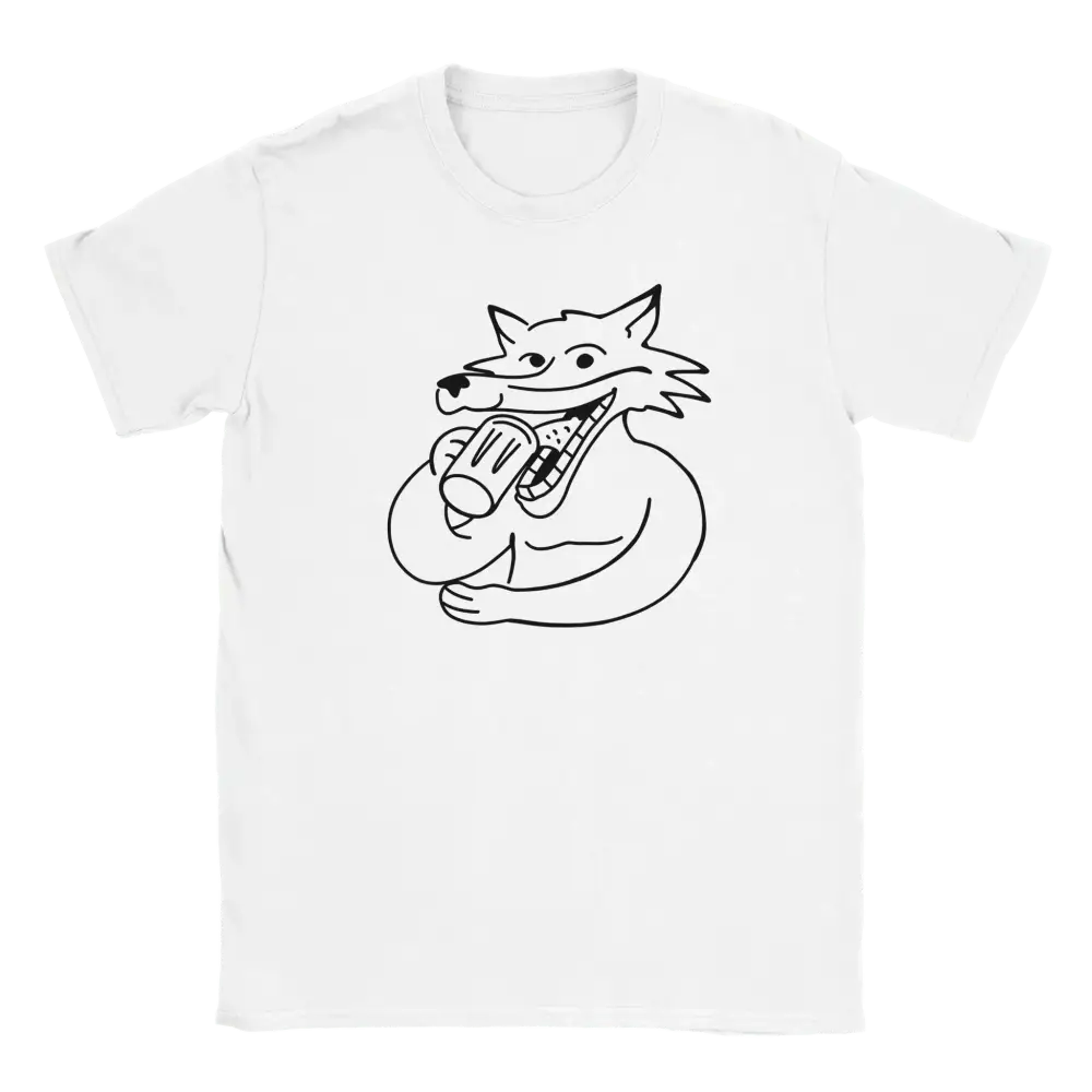 Valkoinen lyhythihainen crew-neck T-paita, jossa karhujuopotteleva cartoon-fox kuva