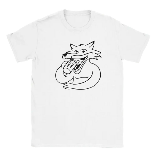 Valkoinen lyhythihainen crew-neck T-paita, jossa karhujuopotteleva cartoon-fox kuva